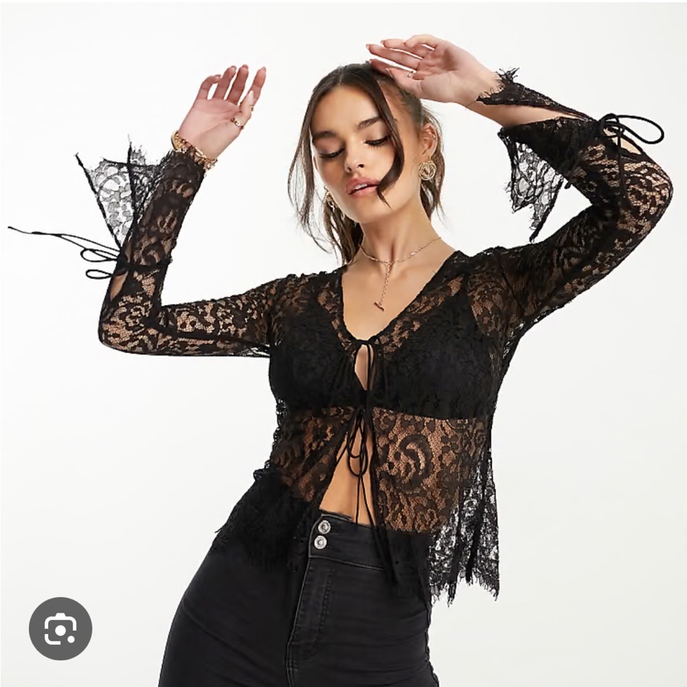 Camille x Mango Black Lace Long Sleeve Blouse Size Small